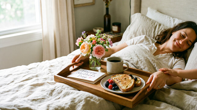 Desayuno especial en cama con flores y caf&eacute; para celebrar el D&iacute;a de la Madre.