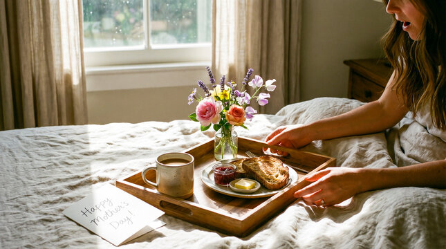 Desayuno especial en cama con flores y caf&eacute; para celebrar el D&iacute;a de la Madre.