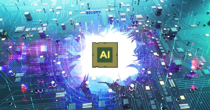 3D render of powerful artificial intelligence microchip on computer board. AI Technology Related 3D Computer Animation.