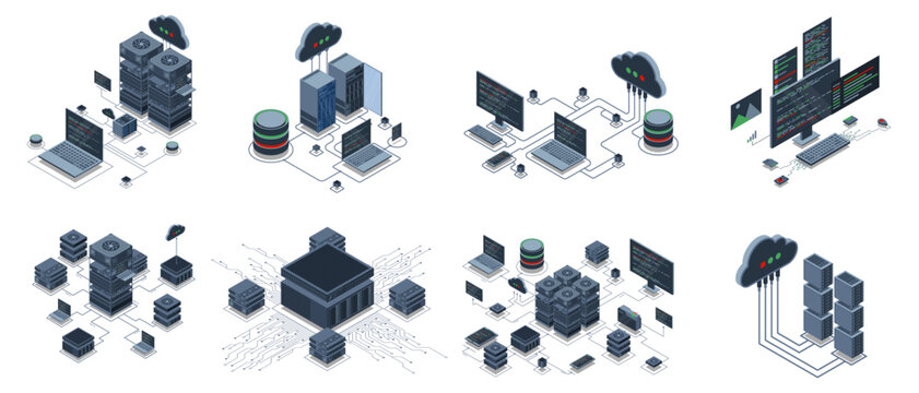 Set of isometric modern technology concept for cloud computing, Datacenter, Database, artificial intelligence, and blockchain technology. Isometric technology