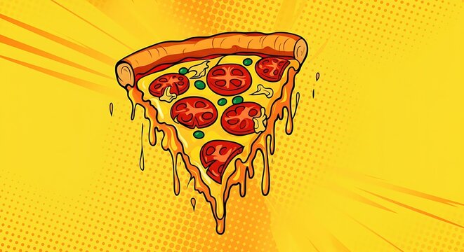 Pop art style illustration of a melting pizza slice, vibrant red and yellow colors, halftone dots