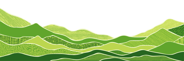 Fototapeta premium Summer spring meadows and hills isolated on a white background, stylization with different textures, vector illustration