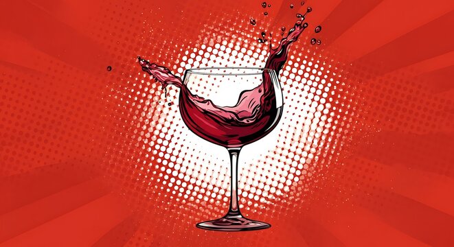 Pop art style illustration of a wine splash in a glass, explosive energy, vibrant red and white, halftone texture
