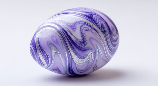 Swirling violet and silver patterns adorn a glossy, egg-shaped object