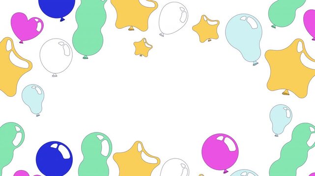 Party balloons animated frame overlay. Star baloons. Decorative border template animation on transparent background. Horizontal 4K video with copy space. Seamless motion graphics with alpha channel