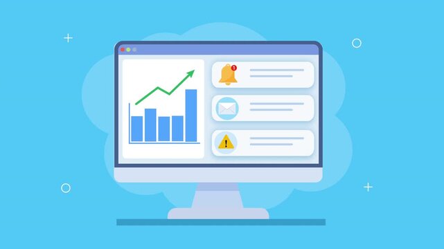 Animated user monitoring dashboard with analytics chart, profile panel, and alert notifications, showing system tracking, user activity insights, and digital performance monitoring.