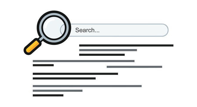 A magnifying glass hovers over a search bar and lines representing search results depicted as a flat silhouette high quality professional