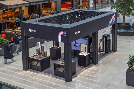 Utrecht, Netherlands, April 2, 2026. A modern Dyson exhibition stand inside a shopping center featuring air purifiers, hair dryers, and cordless vacuum cleaners.