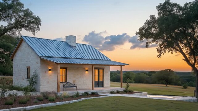 A small house with a stone exterior and porch is viewed during sunset, set against a backdrop of rolling hills and trees