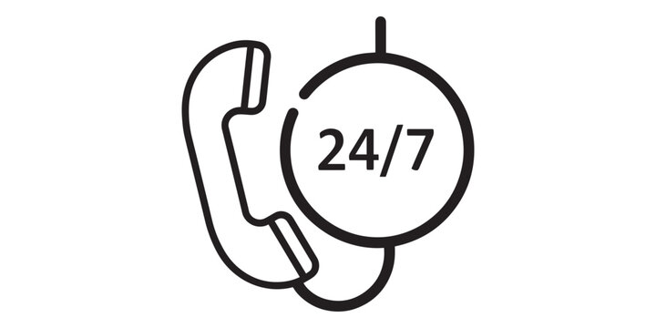 Black line icon of a phone with a clock showing 247 service