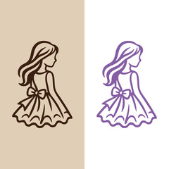 Logotipo de boutique de moda infantil. Dibujo minimalista con líneas de una niña de espaldas con un vestido adornado con un nudo de lazo © teracreonte