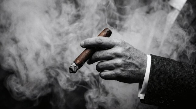 Cigar Smoke Hand holds rich smoke with suit, black  white, and mysterious.