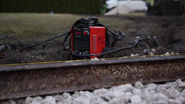 Red EW256 welding inverter shows 234 beside rusty steel rail and gravel. Cables move slightly as placement adjusts. Low angle, shallow depth, late day light.