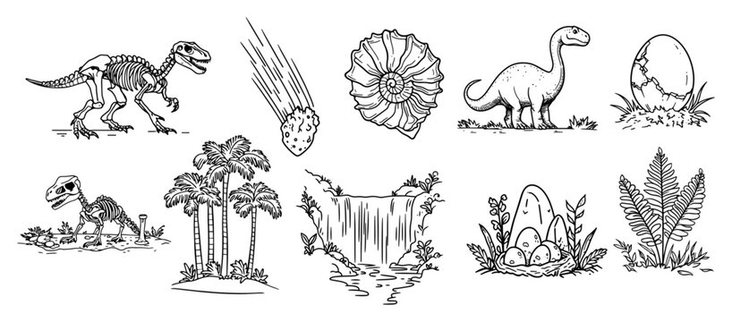 Prehistoric dinosaur and fossil icons set vector, Hand drawn jurassic period elements with skeleton egg and ammonite, Vintage science and nature collection