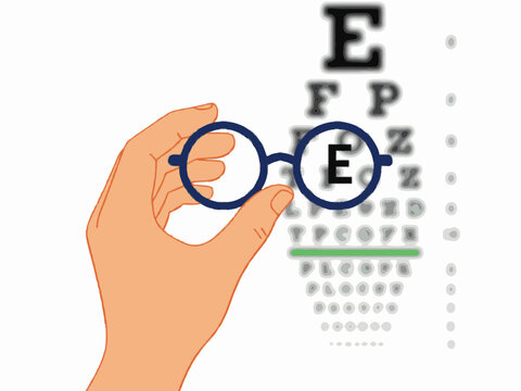 Hand holding glasses in front of blurred Snellen eye chart