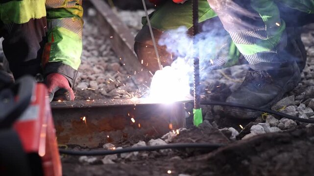 Two workers kneel on ballast while welding a rail joint, sparks fly and smoke rises. Rusted rail head, heavy boots, jackets, gloves, cables, and rod are visible.