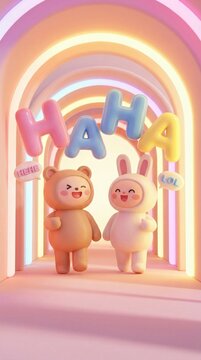 Two cute 3D animal characters walk through a pastel neon archway while laughing. The mood is joyful and playful with soft lighting. Great for social media content or modern office decor.