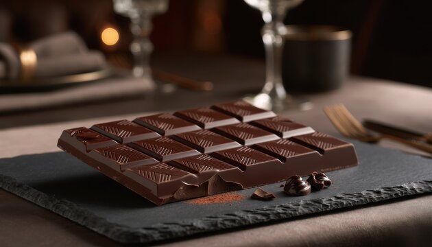 Rich dark chocolate bar with intricate squares, broken pieces, and cocoa powder details, presented on a slate board.