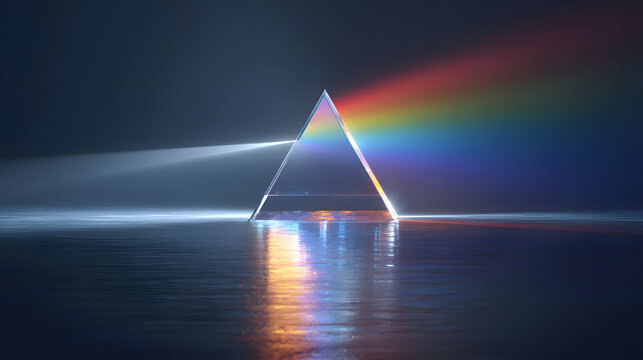 Prism triangle with rainbow light beam over reflective dark surface