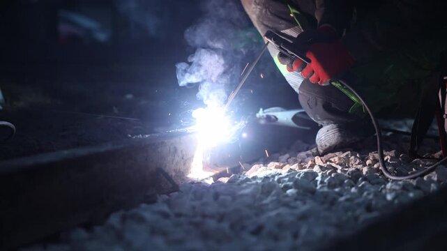 Worker kneels on steel rail and welds joint, bright arc throws sparks and smoke. Orange gloves, green trimmed workwear, ballast stones, electrode and cable in view.