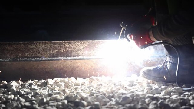 Kneeling technician grips torch on rusted rail as molten glow and sparks fly. Low angle close up shows gravel, worn boot, textured rail, smoke, and night repair scene.