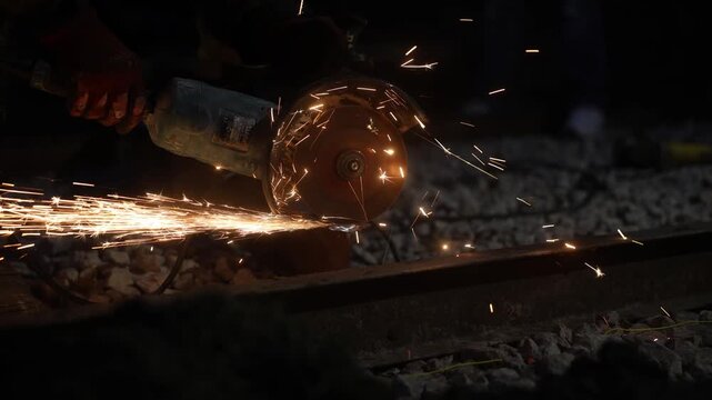 Close up shows gloved hands guiding a rotating disc on a railhead, sparks arc across sleepers and coarse stone ballast during night work, with metallic textures visible.
