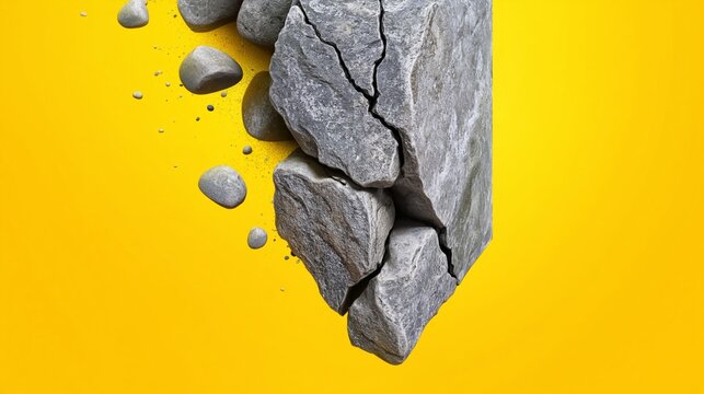 Cracked gray stone block with smaller stones breaking away against a bright yellow background, showcasing a dynamic and textured visual composition