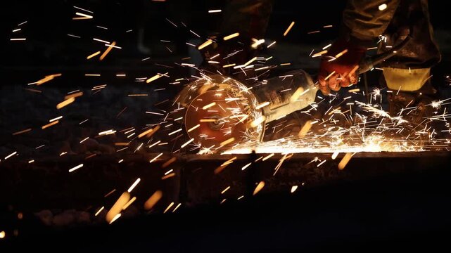 Worker in protective gear cuts steel rail at night, sparks fly across frame. Tight low angle shot with slow shutter freezes molten particles and shows heat and motion.