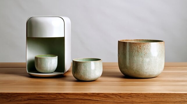 Modern ceramic tea set featuring three uniquely shaped bowls in soft green tones displayed on a wooden table against a neutral background