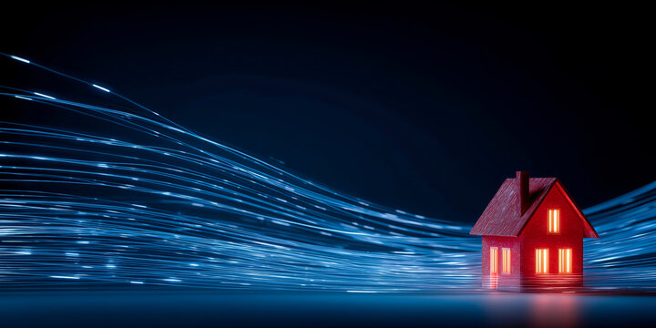 Minimalist red house model with blue fiber optic light trails on dark background, high-speed internet and smart home connectivity concept.