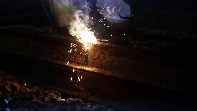 Worker welds a rusted rail at night, sparks and molten droplets scatter on ballast, bright arc and smoke rise, shallow depth of field frames metal texture and heat