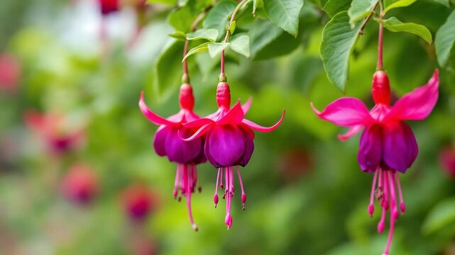 Vibrant fuchsia flowers hanging in a lush green garden.