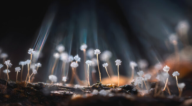 Tiny fungi growing on decaying wood, macro close up with soft light