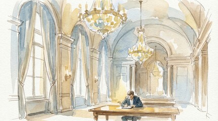 Fototapeta premium A man works at a desk inside a large ornate hall with chandeliers. This watercolor sketch captures focus and tradition. Ideal for corporate branding or creative business articles.