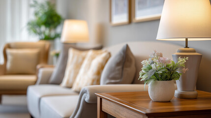Fototapeta premium A stylish living room featuring a comfortable sofa, armchair, and wooden side tables with lamps, defocused art on the wall in the background, interior design, home decor, stylish living room,