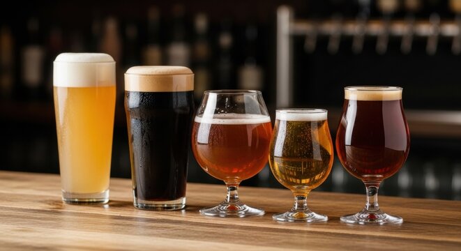 Assortment of craft beer in various glass types on wooden bar counter. Row of different alcoholic beverages for tasting flight. Pub or brewery drink menu concept with golden and dark ale.