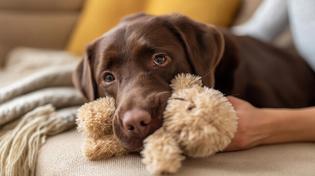 Hands gently petting a brown labrador chewing a plush toy on a beige sofa, defocused throw blanket in the background, pet care, dog lifestyle, labrador, home pets, emotional bonding, animal toy,