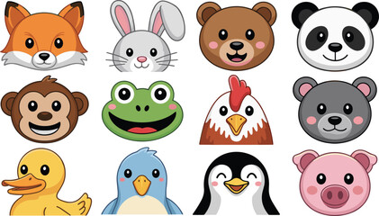 Obraz premium Cute Animal Cartoon Icon Set Featuring Fox Rabbit Bear Panda Monkey Frog Chicken Mouse Duck Penguin and Pig for Kids Education and Nursery Design