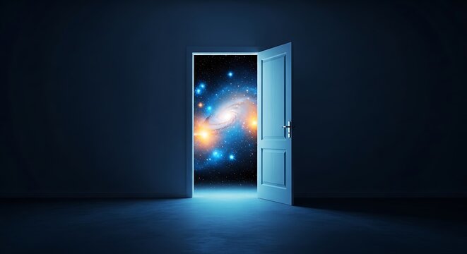 Open door in dark empty room leading to glowing colorful outer space galaxy with stars and nebulas universe discovery threshold