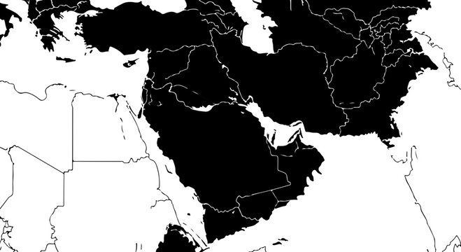 Black and white map of middle east and north africa with country borders