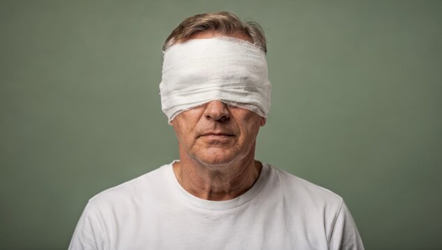 A poignant of a man with a bandage covering his eyes, set against a muted green background. The photo conveys a powerful message about vision loss, blindness, and the importance of healthcare and