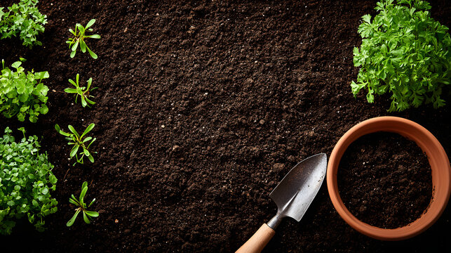 Top view of fertile dark garden soil with green plant seedlings and sprouts, a small terracotta pot and a gardening trowel, representing spring season planting and home organic gardening.