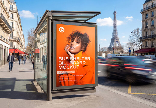 Billboard Bus Stop In Paris City Mockup