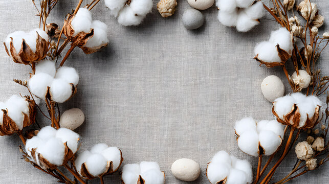 Beautiful and minimalist flat lay background featuring natural fluffy white cotton bolls and small decorative pebbles arranged in a circular wreath frame on a textured grey linen fabric with centra...