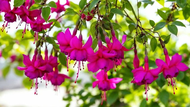 Vibrant fuchsia flowers in a lush green garden setting.