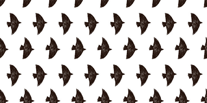 Black bird seamless pattern with charcoal crayon texture for print. Cute doodle flock in a black vector repeat on white background. Hand drawn scribble bird for fabric and kids room decor.