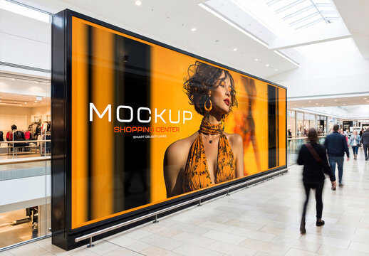 Panoramic Billboard in Bright Modern Shopping Mall Interior Mockup
