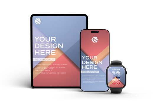Fully Editable Smartphone, Tablet and Smartwatch Mockup Isolated on Transparent Background 