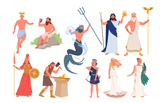 Mythological Greek gods and goddesses depicted in colorful cartoon style, each with unique attributes and symbols, isolated on white background vector illustration