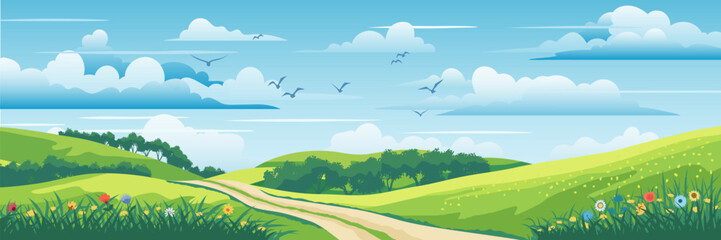 Fototapeta premium View of summer landscape, spring hills, green meadows and hills, rural road, bird flock, vector illustration